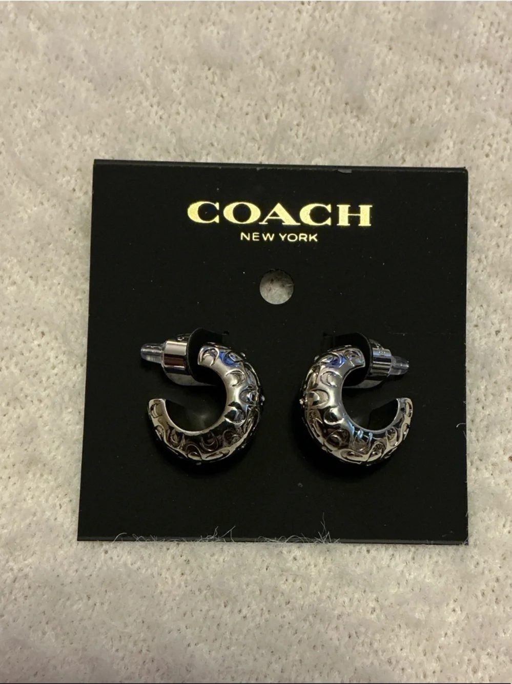Coach Silver-Tone Engraved Hoop huggie Earrings - Picture 2 of 5